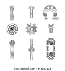 Set of spare parts, machining tools, industrial services, repair clock: micrometer, coil, screw, piston engine, bicycle chain, metal plate. Design of gradient gray with line 