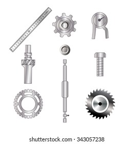 Set Of Spare Parts, Machining Tools, Industrial Services, Repair Clock. Screw, Gear, Union Nut, Bolt, Hydraulic Cylinder, Instrumentation, Ruler, Circular Saw, Buzz Saw. Design Of Gradient Gray 