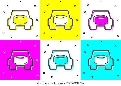 Set Spare wheel in the car icon isolated on color background. Process of replacing the wheel. Storage location of the spare wheel in the trunk.  Vector