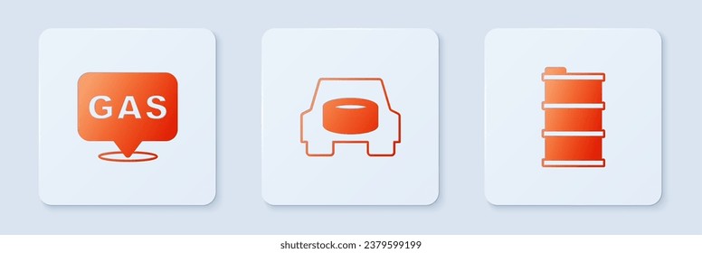 Set Spare wheel in the car, Location and gas station and Barrel oil. White square button. Vector