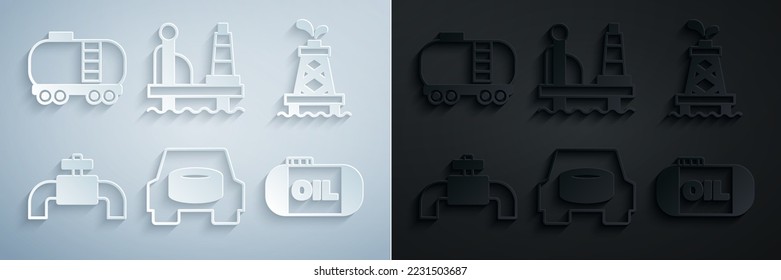 Set Spare wheel in the car, Oil rig, Metallic pipes and valve, tank storage, platform sea and railway cistern icon. Vector