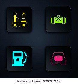 Set Spare wheel in the car, Oil platform sea, Petrol gas station and Metallic pipes and valve. Black square button. Vector