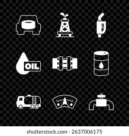 Set Spare wheel in the car, Oil rig, Gasoline pump nozzle, Tanker truck, Motor gas gauge, Metallic pipes and valve, drop and  icon. Vector