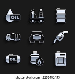 Set Spare wheel in the car, Propane gas tank, Canister for motor oil, Gasoline pump nozzle, Oil storage, Tanker truck, Barrel and drop icon. Vector