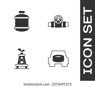 Set Spare wheel in the car, Propane gas tank, Oil rig and Metallic pipes and valve icon. Vector