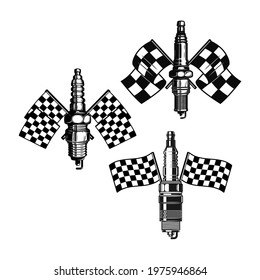 Set of spark plug with racing flag. Design element for logo, label, sign, emblem. Vector illustration
