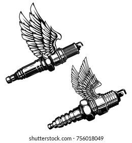 Set of spark plug with wings. Design elements for logo, label, emblem, sign. Vector illustration