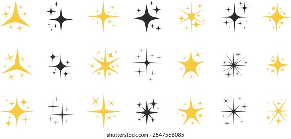 Conjunto de formas de estrela de faísca. Coleção de ícones de faísca. Design vetorial do sinal de efeito de brilho. Modelos para design, cartazes, projetos, banners, logotipo e cartões de visita.