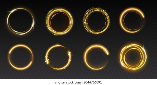 Set of sparking golden circles for design. Template decoration elements, gold frames rings with shining and glitter isolated on dark background. Realistic vector illustration