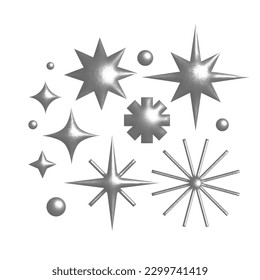 Set of Sparkle 3d Star Shapes. Vector Y2k Elements. Trendy Collection of Abstract Figures with Shiny Silver Metallic Effect.