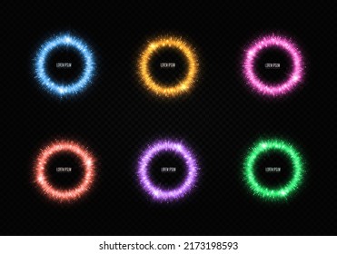 Set of sparkle circle rings with glowing particles. Luxury shiny circles twinkle on transparent background. Glowing circle frames with light effect.