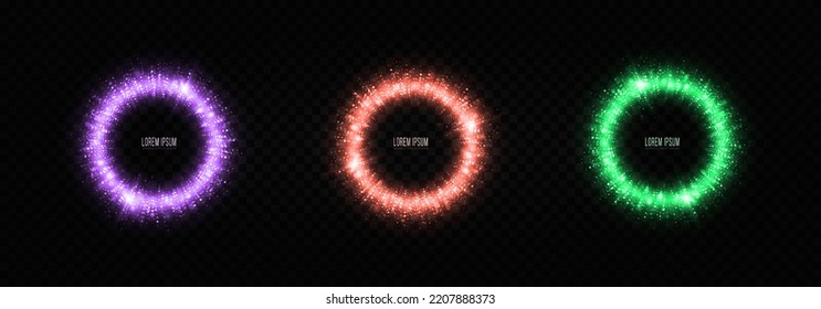 Set of sparkle circle rings with glowing particles. Luxury shiny circles twinkle on transparent background. Glowing circle frames with light effect.