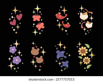 Set of sparkle effect and cute element such as hearts, butterflies, fish, cats, bears, birds and flowers. Hand drawn style. Illustration design for print, cartoon, card, decoration and sticker.