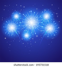 Set of sparkle firework on blue background, illustration.