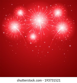 Set of sparkle firework on red background, illustration.