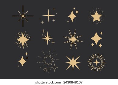 Set sparkle fireworks, star blink doodle gold sparkle holiday party explosion isolated on dark background. Golden magic celestial starburst