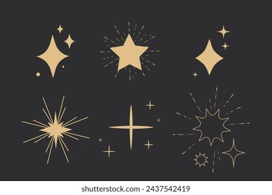 Set sparkle fireworks, star blink doodle gold sparkle holiday party explosion isolated on dark background. Golden magic celestial starburst