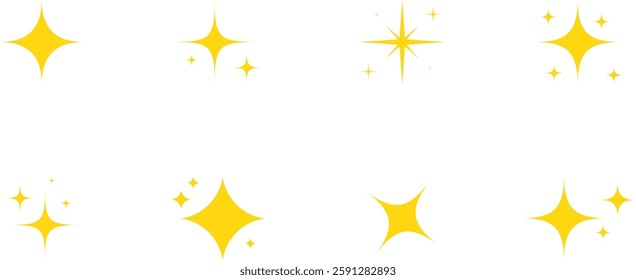 Set of sparkle icons. Different yellow sparkles symbol on white background. Star shapes collection. Sparkling stars icon