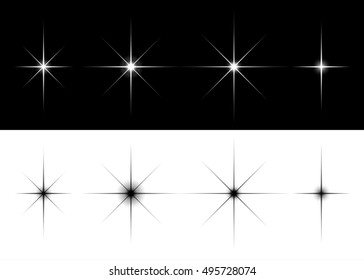 Set of sparkle lights stars. Flares or stars with rays, explosion, fireworks. Isolated vector illustration
