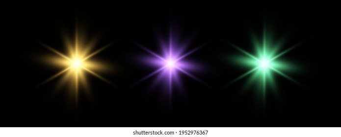 Set of sparkle lights yellow, purple, green. Glow light effect colorful vivid. Star shine with sparkles isolated on dark background. Flare bright explosion. Magic fantasy particle.Vector illustration.