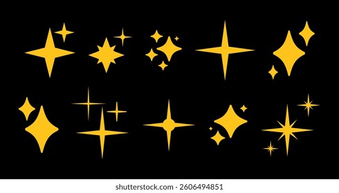 Set of sparkle star icon. Star, shining sparkle templates. Blink gold twinkle, sunburst star shapes. Abstract magic light flare minimalist collection. Yellow stars patterns pack. Flat design elements.