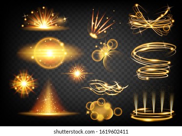 Set of sparkle stardust trail. Light effect. Magic glittering dust waves, golden glowing star trails. Gold shine. Christmas shining light effects. Vector cosmic glittering wave.
