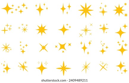 Set of sparkle stars icon. Shiny twinkle stars. Yellow, orange sparkles symbols vector.  Set of Twinkle stars. Glittering star vector. Glowing light effect stars and bursts collection.