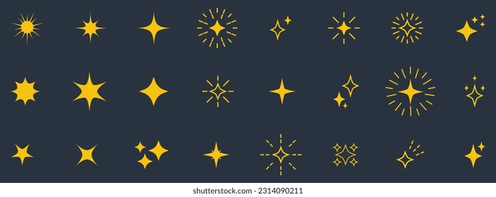 Set sparkle stars line art icon. Vector four-pointed star for logo, social media stories.Yellow, gold, orange sparkles symbols vector.Eps 10