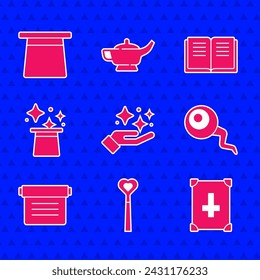 Set Sparkle stars with magic trick, Magic wand, Ancient book, Eye, hat,  and  icon. Vector