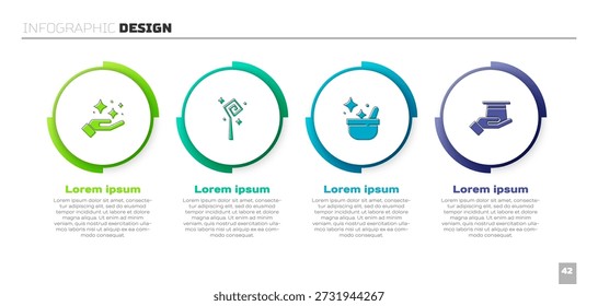 Set Sparkle stars with magic trick, Magic staff, Witch cauldron and Magician hat in hand. Business infographic template. Vector