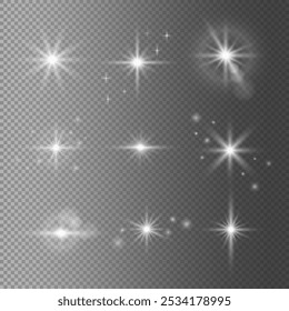 Set of Sparkle stars with realistic Light Effect. Flash light on transparent Background. Shiny magic Festive Twinkle star. Element for Christmas Design. Vector illustration