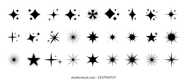 Conjunto de estrelas cintilantes, ou brilhante, cintilante, coleção de formas de estrela de explosão solar. Abstrato clarão de luz mágica, estrelas vetoriais ícone modelos pacote para folhetos, cartazes, banners e outros projetos de design