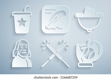 Set Sparkler firework, Western cowboy hat, Benjamin Franklin, Baseball glove with ball, Declaration of independence and Paper glass straw icon. Vector