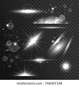 set of sparkles, light effect and lens flare in transparent style