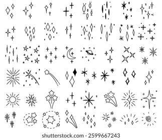 Set of sparkles star icons - Classic Line Series, Hand drawn Style simple doodle elements Celebrities, Rating, Quality, Award, Ornate, Lens Flare Sparks Glitter, Party, Decoration, Firework, Luxury.