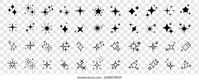 Set of sparkles star icons isolated on transparent background.Rating star .Bright vector stars.Flash,shine sparkle icon,glare,light,blink star. Modern simple black stars collection.	