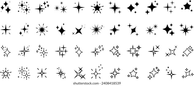 Conjunto de iconos de estrella de destellos.Estrella de clasificación .Estrellas vectoriales brillantes.Flash,icono de brillo,brillo,luz,estrella parpadeante. Colección moderna de estrellas negras.	