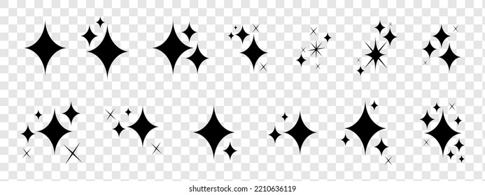 Set of sparkles star icons.Star icon.Bright firework.Light icon set.Flash,shine sparkle icon,glare,blink star.Black star icons isolated on transparent background