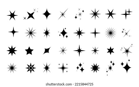 Set of sparkles star icons.Star icon.Bright firework.Light icon set.Flash,shine sparkle icon,glare,blink star.Black star icons isolated on white background