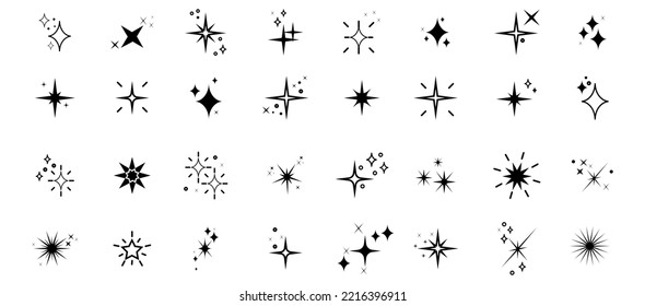 Set of sparkles star icons.Star icon.Bright firework.Light icon set.Flash,shine sparkle icon,glare,blink star.Black star icons isolated on white background