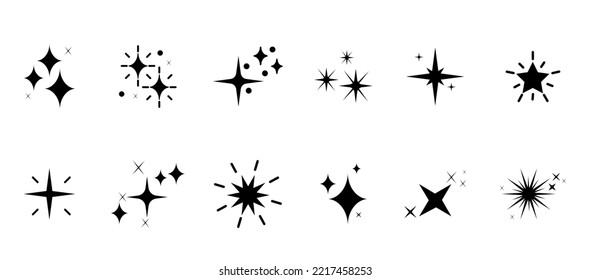 Set of sparkles star icons.Star icon.Bright firework.Light icon set.Flash,shine sparkle icon,glare,blink star.Black star icons isolated on white background