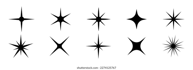 Establece el vector de símbolos de estrella de brillo. El conjunto de estrellas vectoriales originales destellan el icono. Fuegos artificiales brillantes, decoraciones brillantes, relámpago brillante. Colección de estrellas y ráfagas de efecto luminoso brillante.