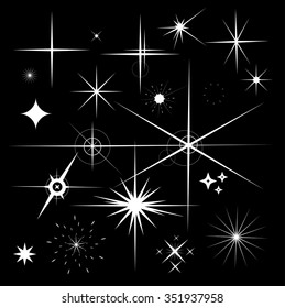 Set of Sparkles Star Vector. Sparkle white symbols on black background.