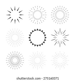 Set of sparkles and starbursts with rays. Design elements. Vector illustration