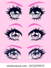 Set of sparkling anime girl's eyes in a manga cartoon comic book style. Fancy illustrations for print designs.