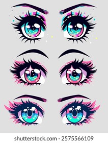 Set of sparkling anime girl's eyes in a manga cartoon comic book style. Fancy illustrations for print designs.