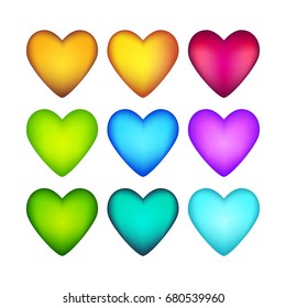 A set of sparkling cartoon glossy hearts in different colors.
Vector colorful life assets for game design. 3d game elements, love symbols.
Vibrant colors