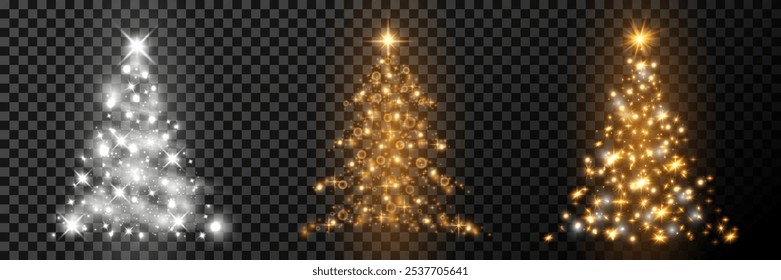 Set of sparkling Christmas trees with glowing particles.New Year holiday.Shiny Christmas trees.  Vector illustration. - Powered by Shutterstock - Get 15% off with code: PIKWIZARD15