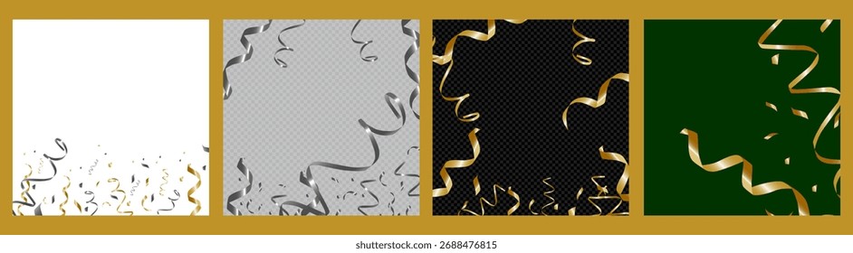 A set of sparkling confetti on a transparent, green, black and white background. Gold and silver confetti.Vector illustration