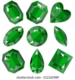 Set of sparkling emeralds of various shapes. Vector illustration.